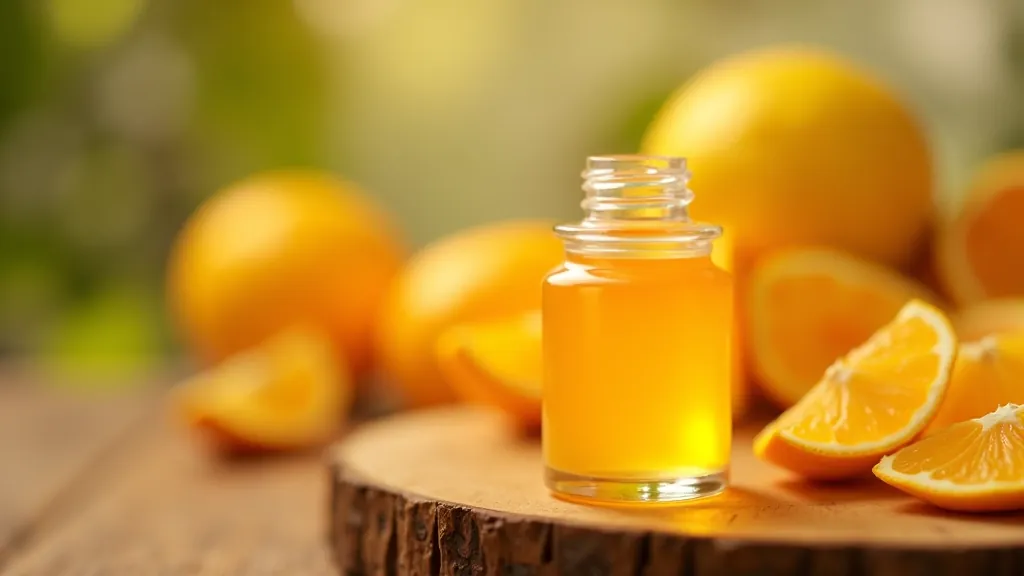 Malá sklenice s jasně oranžovým zářícím vitamínem C sérem na přírodním pozadí